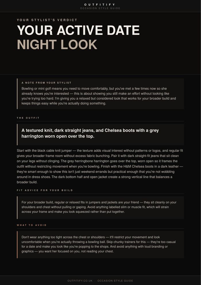Sample Outfitify guide page 1 — the outfit and fit advice for a date night look